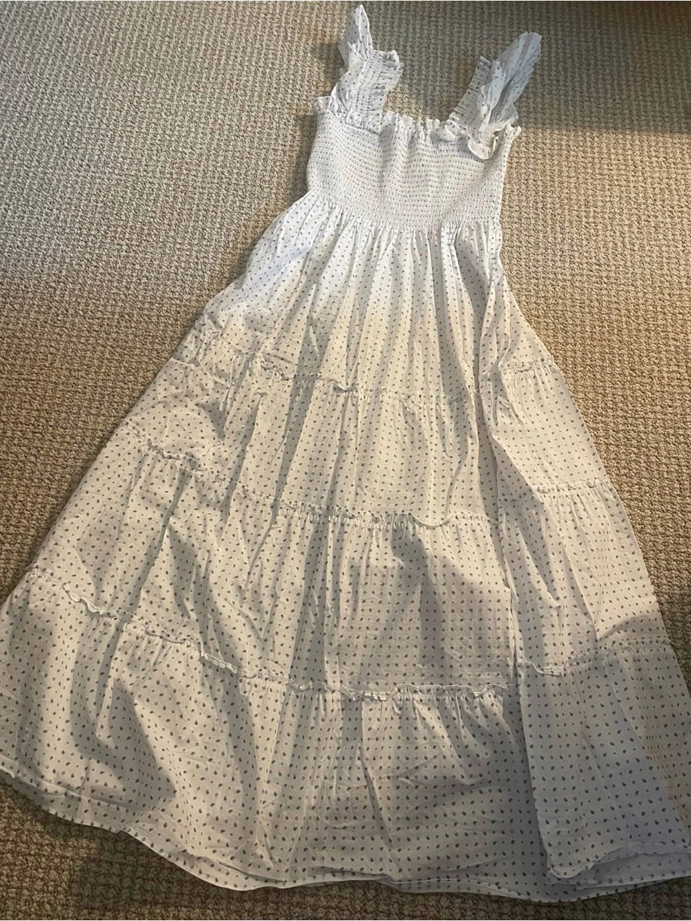 Hill House white eyelet tiered maxi dress with navy dots — XS